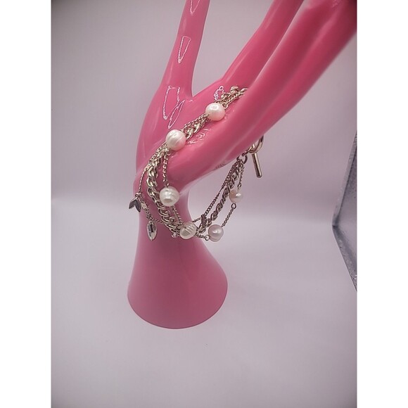 Vintage Bracelet Multi Strand Silver Tone Imitation Pearl Crystals Jewelry - Picture 3 of 11